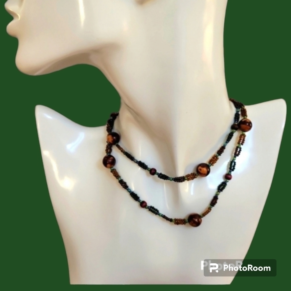 HANDMADE Western Acrylic Glass Seed Beaded Double Strand Necklace